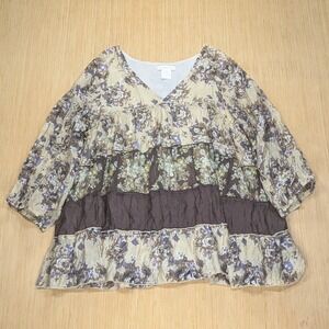 Paisley Vine Blouse Floral Tiered Peasant Bohemian Neutral Lagenlook‎ Women's 1X